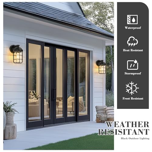 Image of Emliviar 1-Light Porch Wall Lantern with Metal Cage, Outdoor Sconce Wall Mounted Lighting with Water Ripple Glass, Matte Black Finish, GE255BL BK-WG