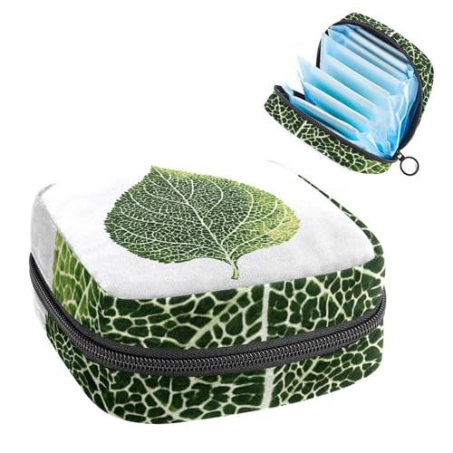 Portable Sanitary Napkin Storage Bag, Menstrual Cup Pouch Feminine Menstruation Pads Bag for Teen Girls, Tampons First Period Kit, Vintage Green Leaf