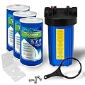 High Capacity 10 x 4.5” Blue Whole House Water Filter Purifier System with Presser Relief Button, 1” Inlet/Outlet Brass Port & Yearly Supply (3) Coconut Shell Activated Granular Carbon Cartridges