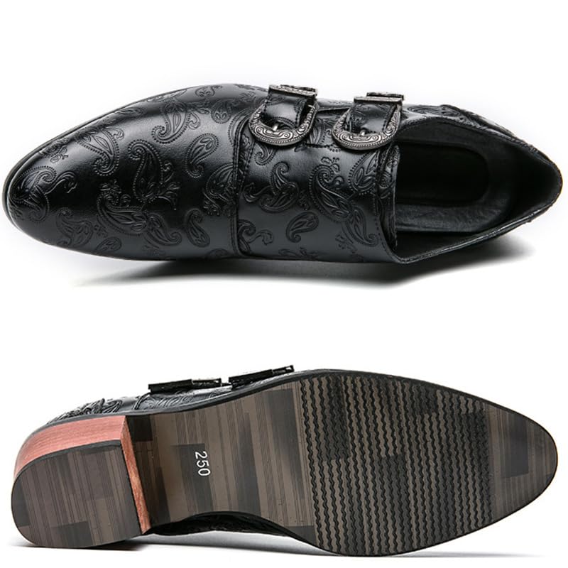 Men Pointed Toe Formal Dress Leather Shoes Personality Monk-Strap Slip-On Oxford Loafer Chunky Heel Arch Support Low Top Bootie 6