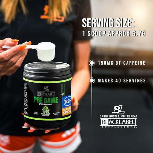 Image of Blacklabel Supplements PRE-Game Pre Workout Powder, Sour Apple (40 Servings) - NSF Certified for Sport - Customizable 150mg Caffeine for Energy and Focus - Low-Stimulant Pre Workout for Men and Women