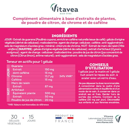 Vitavea - Complément alimentaire Minceur Brûle-graisse EXTRA FORT - Brule graisse : Guarana Chrome - Detox Draineur : Marc de raisin / Artichaut Citron - 30 gélules végétales - Fabriqué en France – Image 7