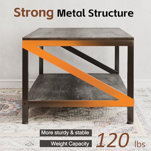 COTUBLR Coffee Table, 2 Tiers Center Table with Storage Shelf, Table de Salon for Living Room, Bedroom, Office, Industrial Wooden Tabletop and Metal Frame, Grey Oak - Image 6