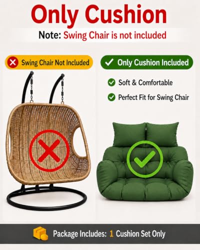 Image of Double Seater Swing Chair Cushion Replacement Pad for Hanging Egg Swing Outdoor Patio Garden Balcony Seat Cushion Green Fabric Seating Pad Home Furniture Accessory