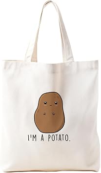 Funny Potato Canvas Tote Bag for women, Potato Tote Bag, Im a Potato Potato Lover Gifts Reusable Grocery Shopping Bag, White, 245GA-TTBA-potato