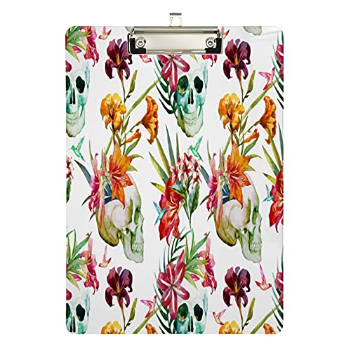 xigua Porte-bloc avec motif de têtes de mort et de fleurs - Format A4 - Taille standard - 22,9 x 32,5 cm - Avec clip en métal à profil bas - Pour étudiants, salle de classe, bureau, femmes, enfants Cover