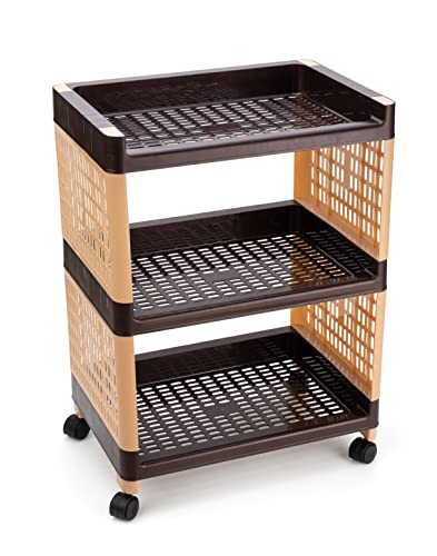 Morbrix 3 Layer Multipurpose Kitchen Trolley with Wheels, Space Saving Home Storage Organizer Rack Vegetable Trolley Rack Stand for Home, Offic (Brown & Ivory)