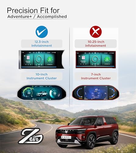 Image of ZEIR [4 PACK] Screen Protector Compatible with TATA SIERRA 2026 | 12.3-Inch INFOTAINMENT, 10.25 INSTRUMENT CLUSTER, Steering & AC Panel Guard For Sierra ADVENTURE PLUS & ACCOMPLISHED Models | Scratch & Water Resistant | Oleophobic Coating For Smooth Touch | 0.3 MM Thickness With Sturdy Build-Quality | Company Fit Accessory For Tata Sierra SUV 2025 [Not Tempered Glass]