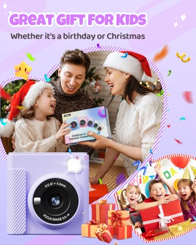 Image of TIATUA Kids Instant Print Camera, 1080P HD Video Digital Toy, Purple | Includes 32GB Card, 3 Rolls Paper & 5 Coloured Pens, Inkless Print, Christmas Birthday Toy Gift for Kids 3-14