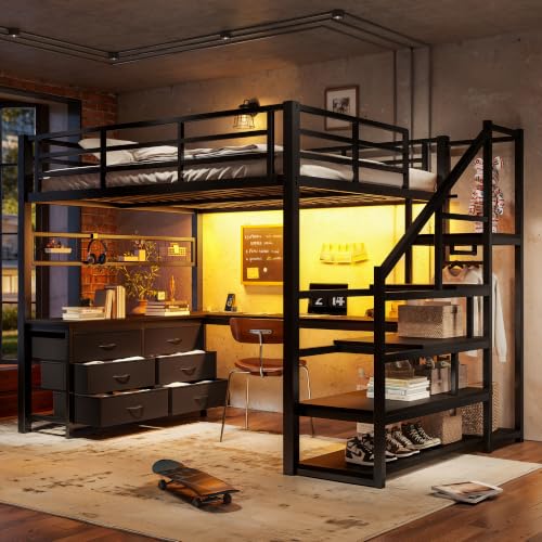 Image of Bellemave Full loft Bed with Storage Stairs, Wardrobe, Shelves, Metal Full Loft Bed Frame for Adults, Kids, Teens, Black