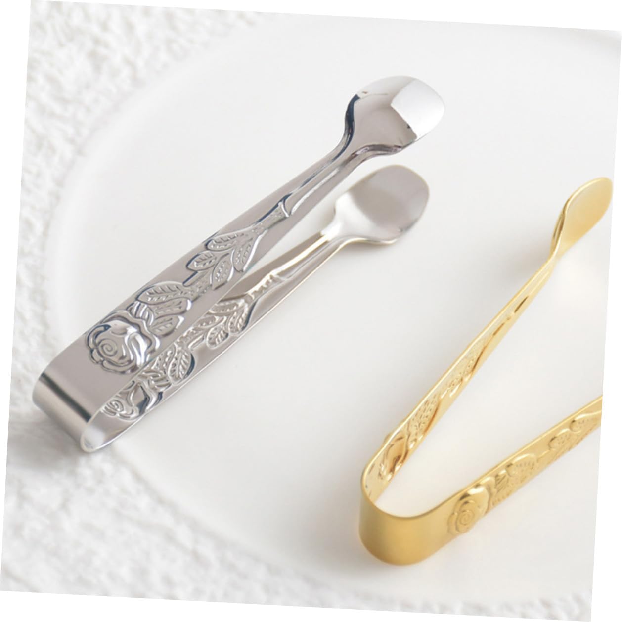 Alipis 2pcs Stainless Steel Food Tongs with Rose Pattern Multi-function Ice Cube Clips for Coffee Sugar Cubes Heat-resistant Kitchen Clips for Home and Party Use