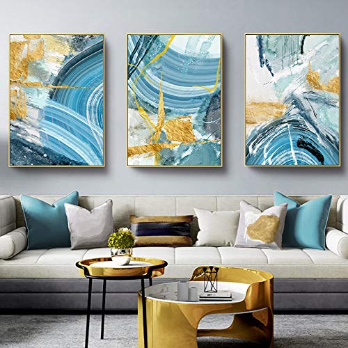 Impression sur toile abstraite bleu or moderne et grand format 60x90cm x3