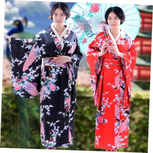 Kimono japonés de bata tradicional para mujer negro imitación seda portátil COLLBATH 5