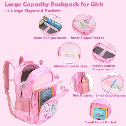 Kimwadalh Girls Backpack with Lunch Box Pencil Case for Elementary School, 3 in 1 Schoolbag with Chest Strap for School Girls3