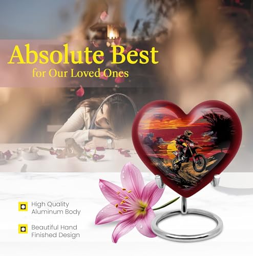 Image of Motorcycle Large Funeral Urns for Human Ashes Adult Female - Bike Cremation Ash Holder - Memorial Biker Urn for Dad - Ashes Memorial Urn - Heart Urns for Women & Men Adults 8 Inch