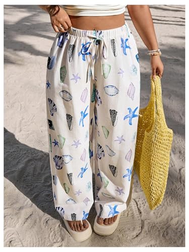 MakeMeChic Women's Boho Plus Size Starfish Wide Leg Pants High Waist Tie Front Drawstring Trousers4