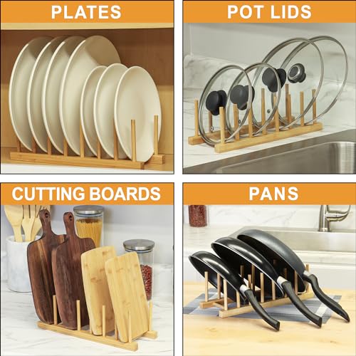 Joey’z Bamboo Dish Drying Rack - Dish Organizer Rack for Cabinet, Plates, Cups, Bowls, Pot Lids & Cutting Boards - Dish Storage and Pot Lid Organizer & Holder - Kitchen Storage Organizer