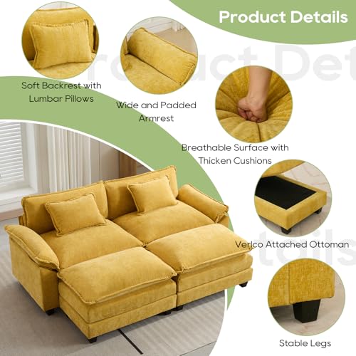 Image of Oprisen 86 inch Modular Sectional Sofa, Comfy Cloud Couch Sectional Sofa with Ottoman, Chenille Sofa Sleeper Deep Seat Sofa with Throw Pillows for Living Room (Yellow)