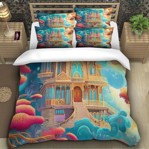 Housse de couette château 3D anti-plis et lavable pour lit enfant double