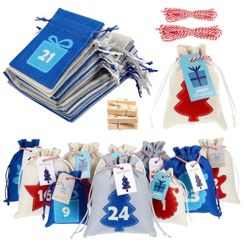 Cabilock Calendario de Adviento para rellenar, 26 bolsas de tela, cadena para manualidades y colgar, calendario de Navidad 2024, bolsas de regalo para niñas y mujeres