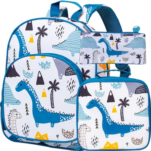 CCJPX Toddler Backpack for Boys Girls, Dinosaur Unicorn Cat Preschool Bookbag Kindergarten Cute School Bag, 12-inch White Dinosaur 3pc, 5 Piece Set
