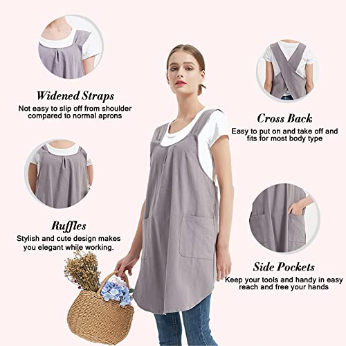 DanLink Solid Color Cotton Linen Apron with Big Pockets Japanese Style Halter Bandage Cross Bandage Aprons Retro Literature Bib Aprons Women for Kitchen Gardening Flower Girl Gray - Image 7