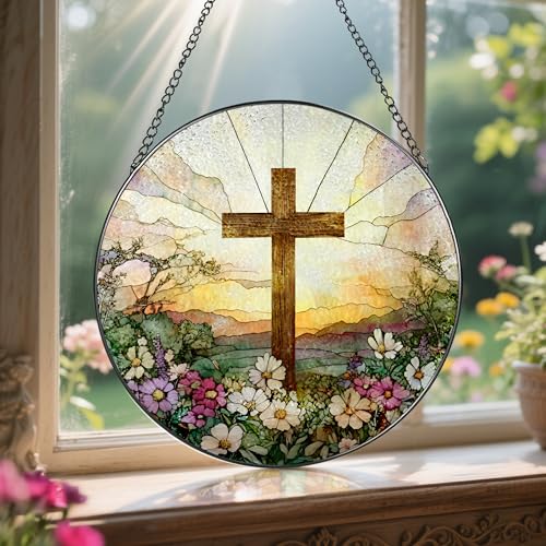 image for LAOWEIKI 8 Inch Stained Glass Cross and Wildflowers Suncatcher Christi