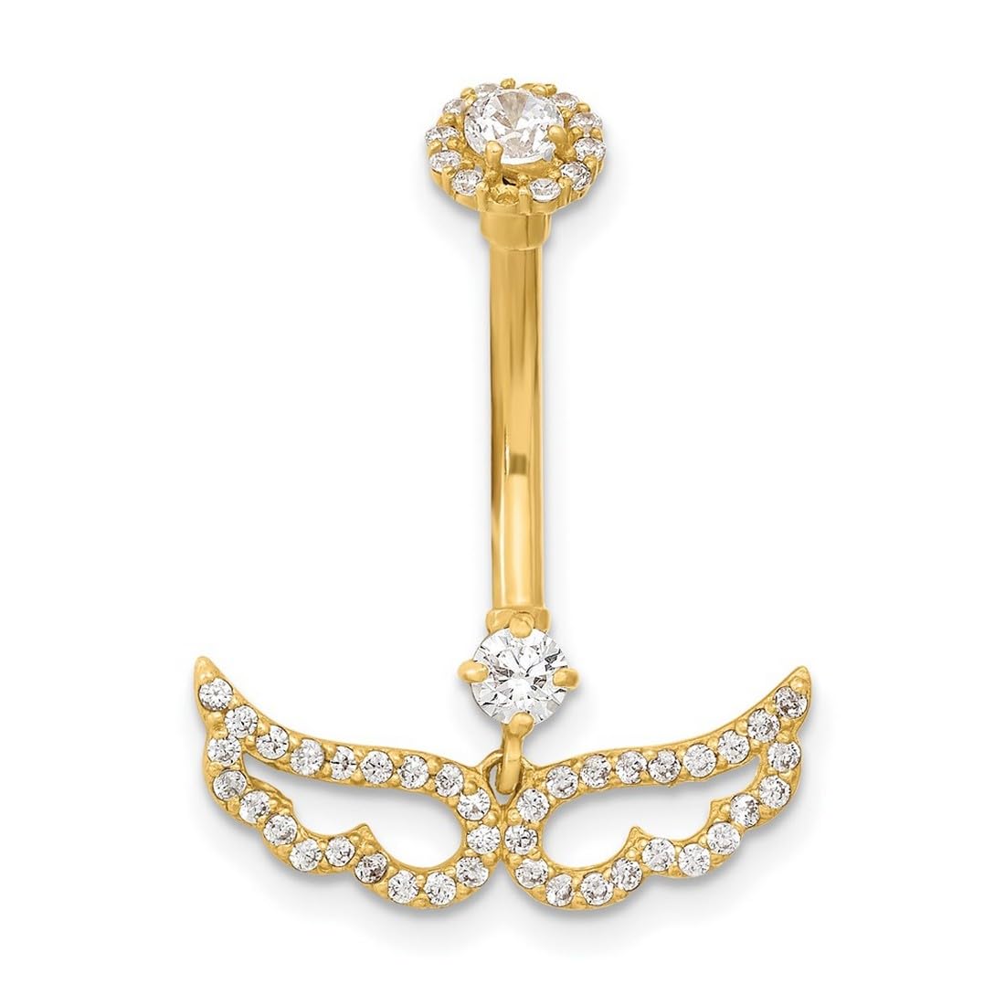 Bauchnabelring aus 14 Karat Gold, 14 Gauge, religiöse Schutzengelflügel, Zirkonia, künstlicher Diamant, Körperschmuck, Maße: 25,65 x 18,89 mm breit, Schmuckgeschenk für Frauen, Metall, Zirkonia