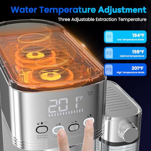Image of Espresso Machine 20 Bar Temperature Time LED Display Espresso Maker with Stepless Adjustable Automatic Milk Frother for Cappuccino Latte Americano Stainless Steel Coffee Machine with ESE Pod Filter