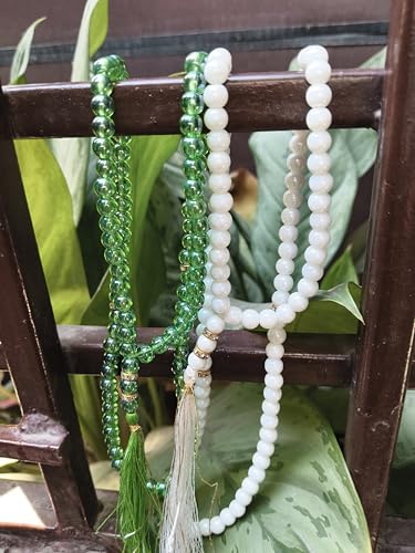 Image of Pure Green & White Crystal Beautiful 100 Beads Tasbih, Islamic Salat /Beads Prayer Tasbeeh for Muslims Crafted for Daily Prayer Needs (Pack of 2) Color - Green & White