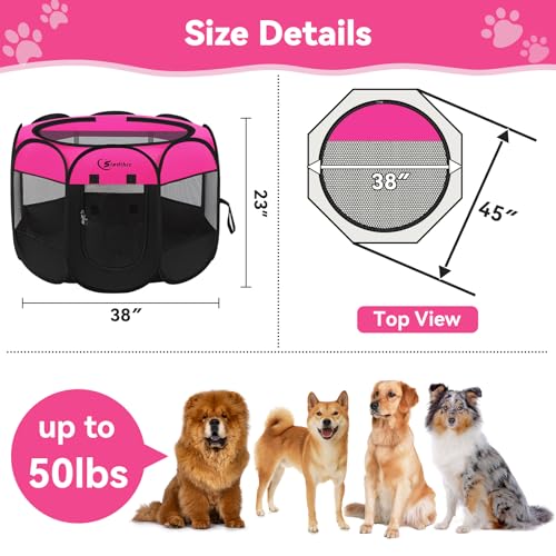 Image of Siedihit Dog Cat Playpen, Large Puppy Pet Playpen, Dog Crate Tent Cage Indoor /Outdoor, Portable Pop Up Dogs Kennel Playpen with Carrying Case for Dogs /Cats /Rabbits, Hot Pink