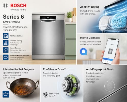 Image of Bosch Series 6 15 Place Settings Free Standing Dishwasher with Zeolith Drying, Home Connect Wi-Fi, Intensive Kadhai Program, EcoSilence Drive, Anti-Fingerprint Finish, SMP6HMI00I, Brushed Steel