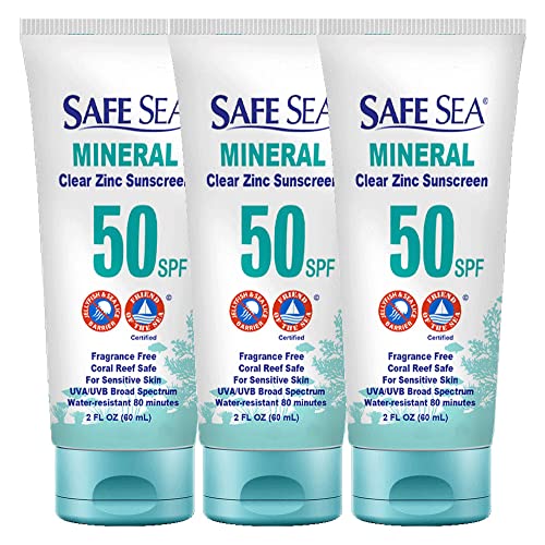Safe Sea Protector solar de óxido de zinc SPF50 | Protector solar mineral transparente sin yeso blanco | Loción protectora antipicaduras de medusas | Seguro para arrecifes de coral | Tamaño de viaje