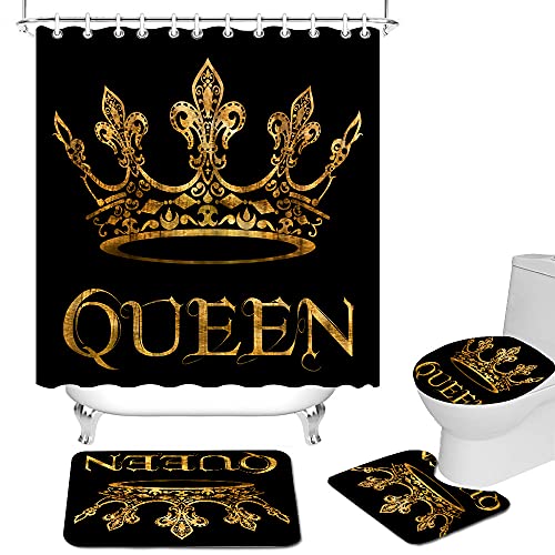OuElegent 4-teiliges Queen-Duschvorhang-Set mit rutschfesten Teppichen, WC-Deckelbezug und Badematte, Schwarz und Gold…
