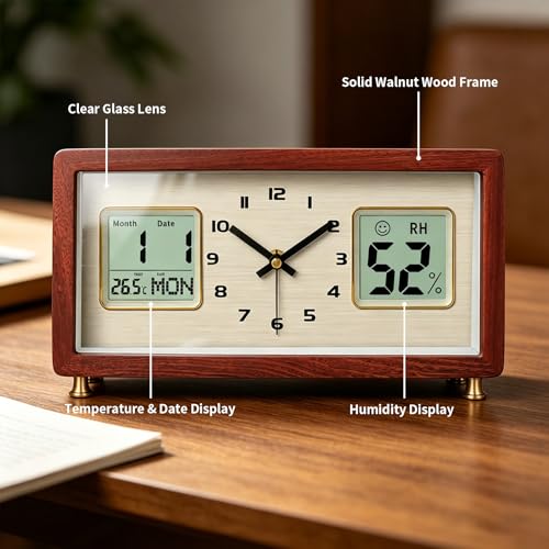 Reloj de mesa de madera con temperatura para sala y escritorio 5