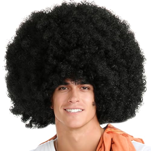 Afro Perücke Herren Extra große Männer Damen Perücke Afro Schwarz 70er 80er Jahre Lockenperücke für Karneval Fasching Motto Party One Size