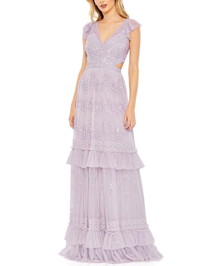 Mac Duggal Womens Sequined Ruffled Cap Sleeve Cut Out Tiered Gown 8 Purple
