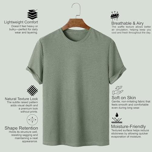 Image of London Hills Men's Waffle Textured T-Shirt | Solid Regular Fit Round Neck Half Sleeve Casual Wear Tee | Soft, Breathable & Lightweight Fabric