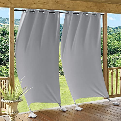 RYB HOME Windproof Outdoor Curtains with Weighted Bags, Extra Long Waterproof Curtain Weather Resist Sun Blocking for Patio Balcony Area Camper, 52 Width x 108 Length 2 Panels Set, Silver Grey