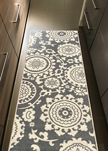 Rubber Backed 22" x 96" Floral Swirl Medallion Grey & Ivory Wide Runner Non-Slip Rug - Rana Collection Kitchen Dining Living Hallway Bathroom Pet Entry Rugs RAN2033-28