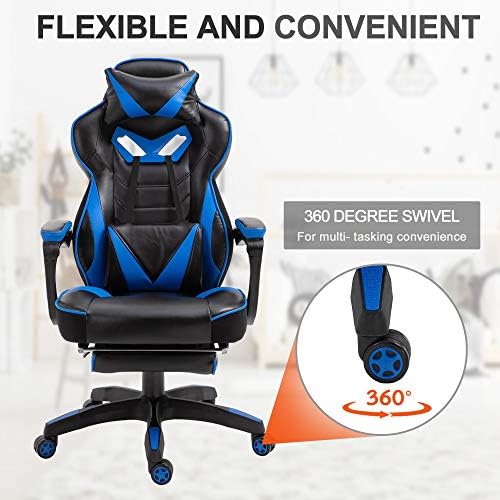 Vinsetto Ergonomic Racing Gaming Chair Office Desk Chair Adjustable Height Recliner with Wheels, Headrest, Lumbar Support, Retractable Footrest Home Office, Blue