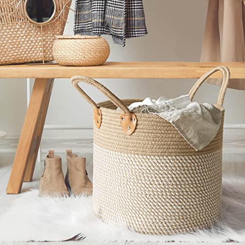 CHICVITA Large Wicker Jute Woven Storage Basket with Handles – Blanket Laundry Basket for Toys Towels Home Decor, White, 14" x 14" x 12" by CHICVITA - Image 3