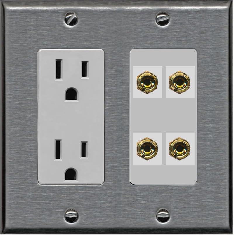 RiteAV 4 Banana 2 Speaker Surround Female Coupler Binding Post Wall Plate - Outlet [Stainless/Gray]