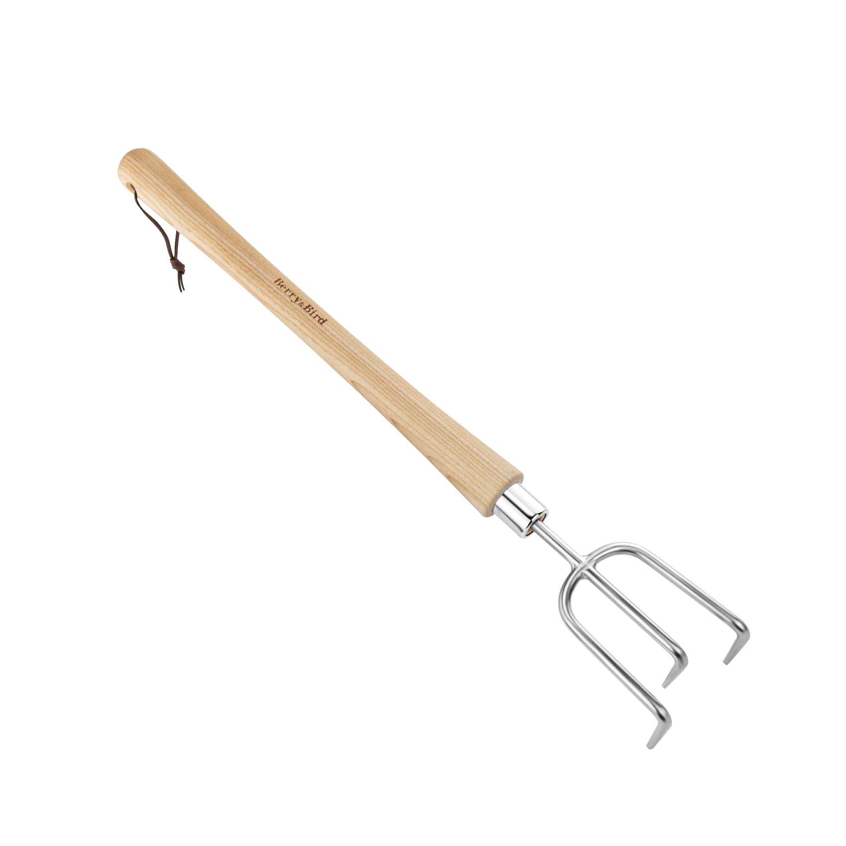 Berry&Bird Edelstahl Mittelgriff 3 Zinken Kultivator Garten Handharke Handfräse mit ergonomischem Holzgriff und Lederband, Garten Handgabel zum Jäten, Wenden Erde, Kultivieren