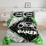Feelyou Kids Gamer Comforter Set for Boys Teens, Green Gaming Bedding Sets Twin Size Video Game Controller Reversible Quilt Set All Season Home Decor with 1 Pillowcase