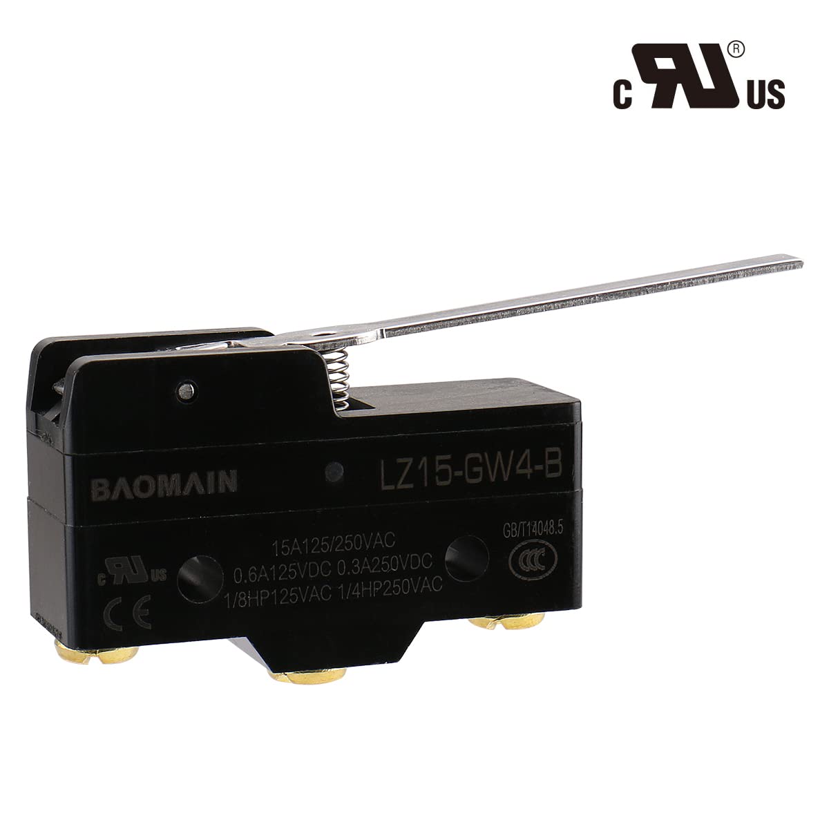 Baomain Micro Switch Long Hinge Lever 15A 250VAC SPDT 1NO 1NC Z15-GW4-B Momentary Micro Push Button Switch UL CE Listed