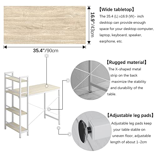 4Nm 35" Small Computer Desk With 4-Tier Bookshelf, Home Office Desk Writing Workstation Study Table Multipurpose For Small Space Work - Natural And White #TOP7