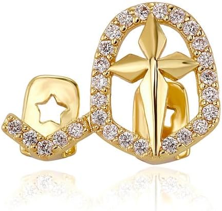 Cross Dental Grills for Women Men Cubic Zirconia Crystal Tooth Cap Grillz Halloween Party Jewelry Gold-Tone Plated Mouth Grills Fashion Unisex Hip Hop Rapper Outfits Concert Theme Accessory