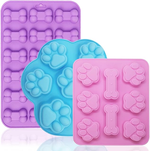 3 PCS Dog Paw Bone Silicone Chocolate Moulds, FineGood Wax Melt Mould Dog Ice Lolly Mould Silicone Dog Treat Mould Baking Tray for Cake Cookie Jelly