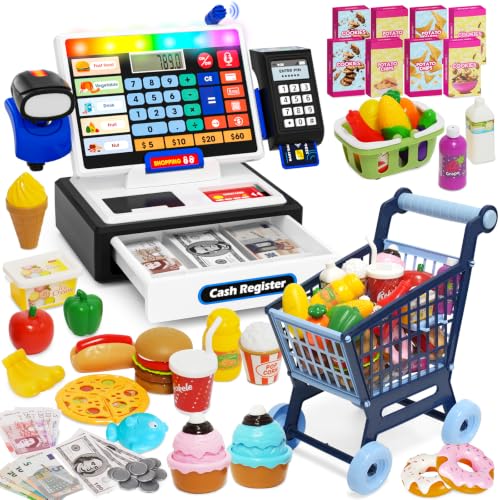 Image of LED Calculator Cash Register Toy with Shopping Cart- Pretend Play Set Kids Cash Register with Scanner, Microphone and Credit Card, Math Skills Toy for 3, 4, 5, 6 7 8+ Year Old Boy Girl